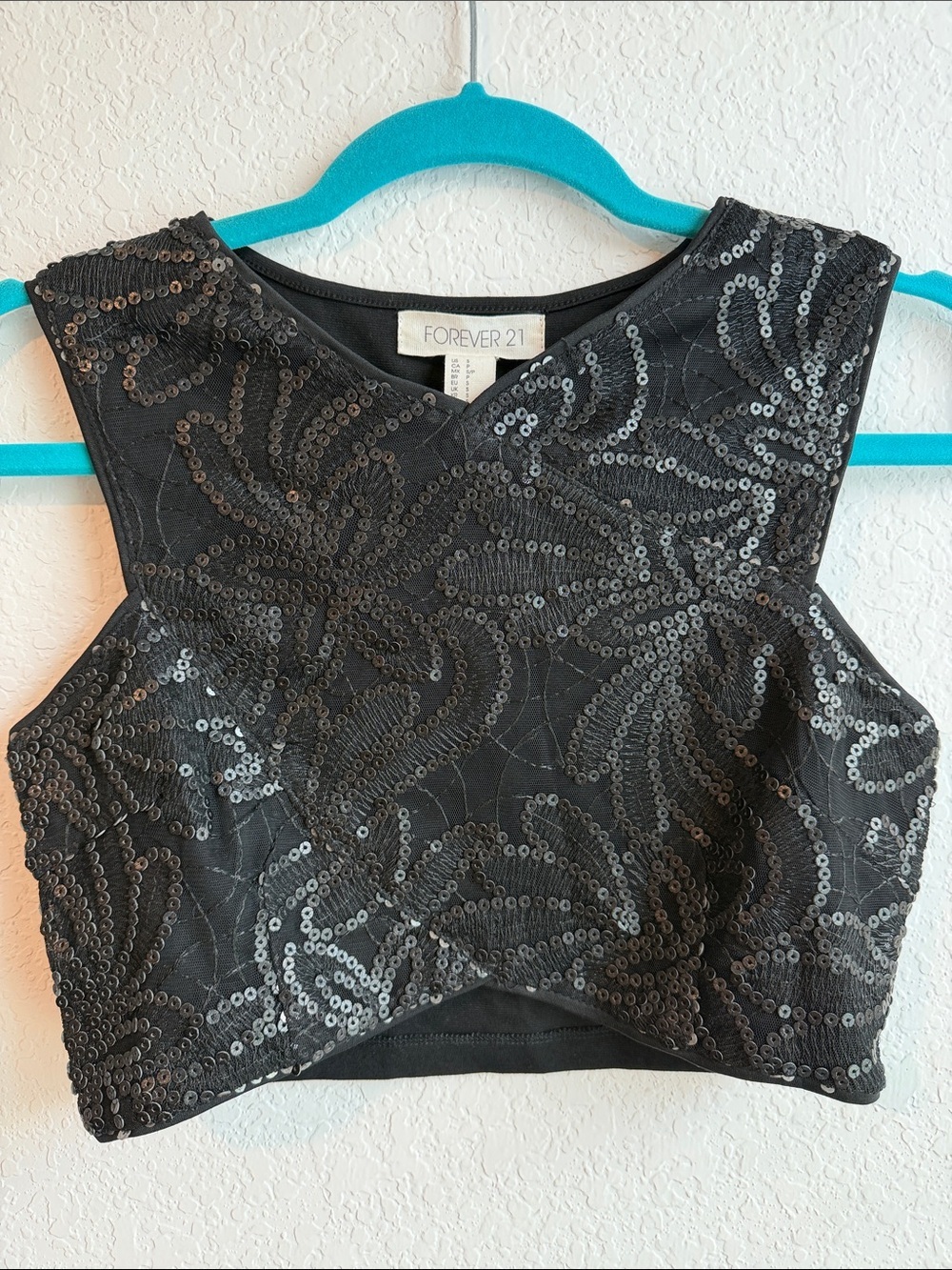Forever 21 Black Sequin V-Neck Crop Top